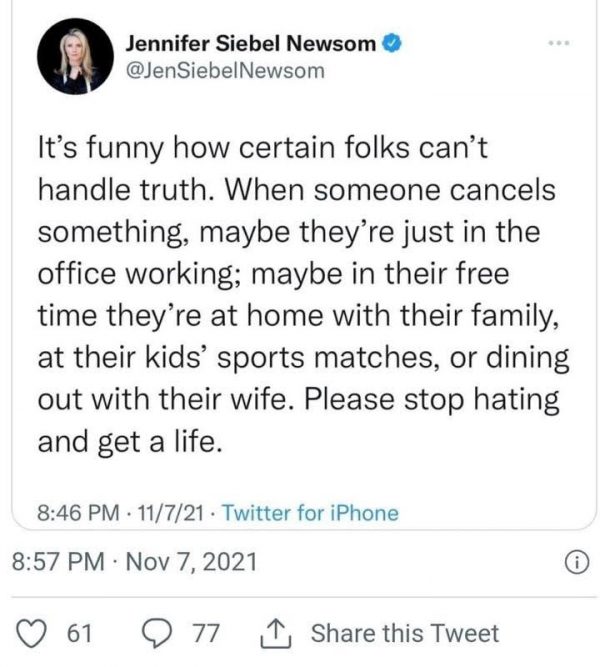 Jennifer Siebel Newsom's tweet